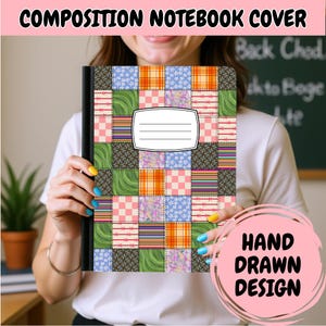 Patchwork Composition Notebook Cover Sticker | Quilted Journal Decal, Hand-Drawn Design