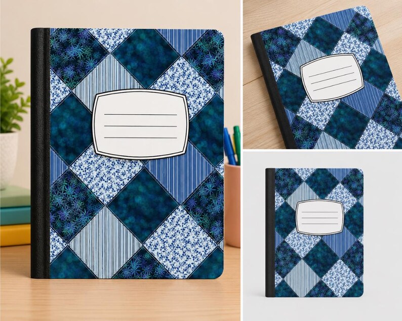 May include: A notebook with a black spine and a cover featuring a blue and white diamond-patterned quilt design. The pattern includes squares with floral, striped, and solid dark blue textures. A white rectangular label with lines is centered.
