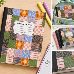 May include: A composition book featuring a patchwork quilt pattern of squares in various colors and prints, including floral, plaid, and checkered designs. The cover has a white label with the text COMPOSITION BOOK and 100 Sheets Wide Ruled.