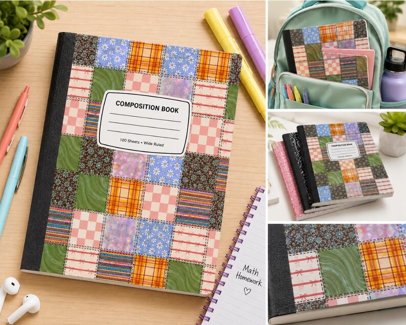 May include: A composition book featuring a patchwork quilt pattern of squares in various colors and prints, including floral, plaid, and checkered designs. The cover has a white label with the text COMPOSITION BOOK and 100 Sheets Wide Ruled.