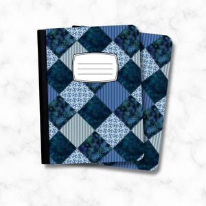 May include: A notebook with a black spine and a cover featuring a blue and white diamond-patterned quilt design. The pattern includes alternating squares of dark blue, light blue stripes, and floral prints. A white label with lines is centered.