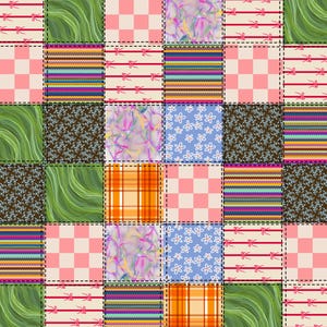 May include: A patchwork quilt featuring a grid of square fabric blocks with diverse patterns including blue floral, orange plaid, green marble, pink checkerboard, multicolored stripes, cream with red bows, and dark brown with small white flowers.