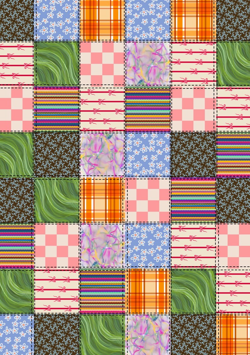 May include: A patchwork quilt featuring a grid of square fabric blocks with diverse patterns including blue floral, orange plaid, green marble, pink checkerboard, multicolored stripes, cream with red bows, and dark brown with small white flowers.