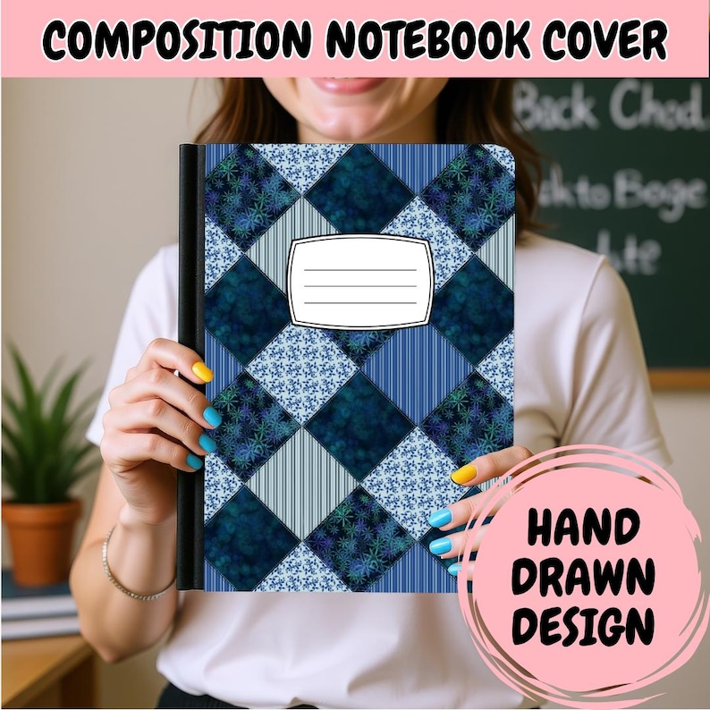 May include: A composition notebook cover featuring a blue and white diamond-patterned quilt design. The pattern alternates between floral, striped, and dark textured squares. A white rectangular label with four horizontal lines is centered.