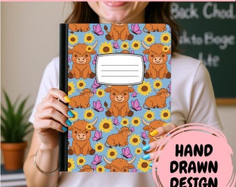 May include: A composition notebook cover featuring a repeating pattern of brown highland cows, yellow sunflowers, and pink butterflies on a light blue background. A white rectangular label with four horizontal lines is centered on the front cover.