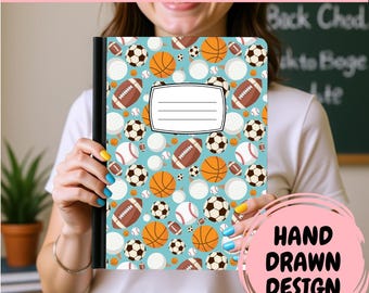May include: A composition notebook cover featuring a light blue background with a repeating pattern of brown footballs, orange basketballs, white baseballs, and black and white soccer balls, including a central white label with four blank lines.