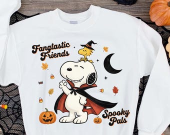 Snoopy & Woodstock Halloween Sweatshirt, Fangtastic Friends Spooky Pals Vintage Cartoon Graphic, Cozy Fall Comfort Colors® Top, Peanuts