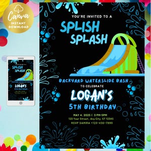 Könnte beinhalten: Eine schwarze Einladung für eine Wasserrutschen-Party im Garten, mit einer blauen Wasserrutschen-Grafik. Der Text lautet "Splish Splash" und kündigt Logans 5. Geburtstag mit Datum, Uhrzeit und RSVP-Informationen an.