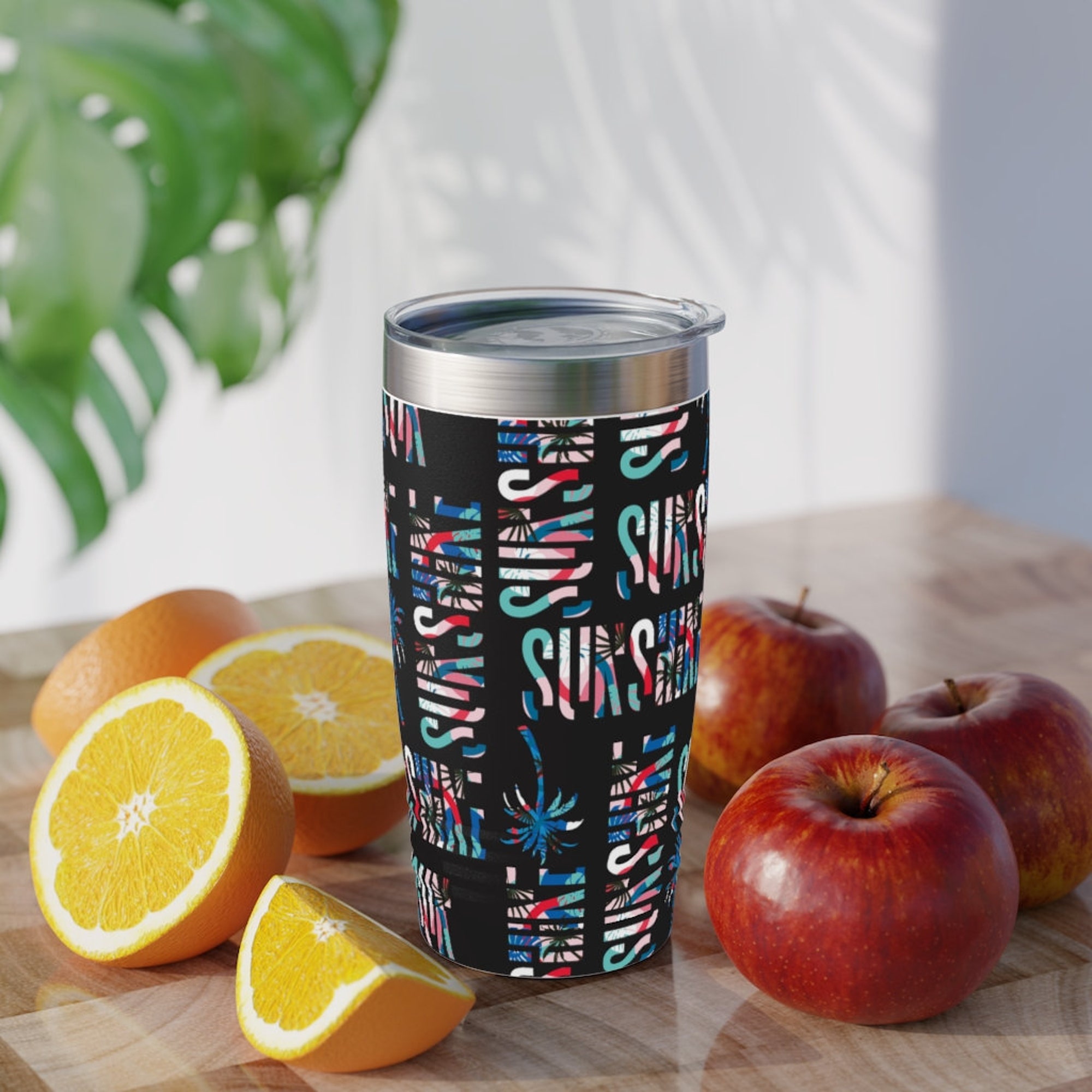 Sunshine Palm Tree Beach Black Ringneck Tumbler, 20oz