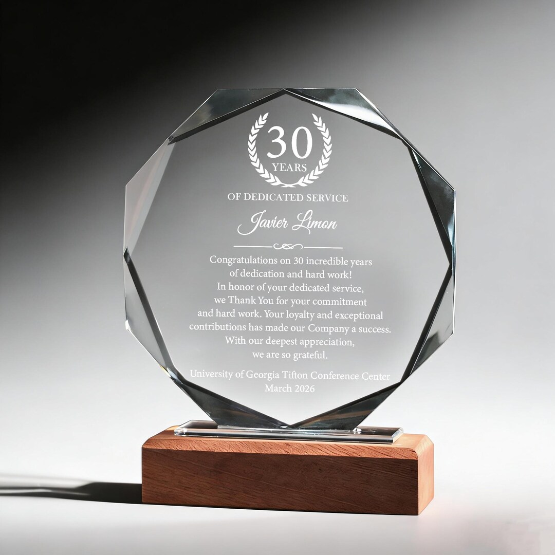 30 Years of Dedicated Service Award, Personalized Employee Crystal ...