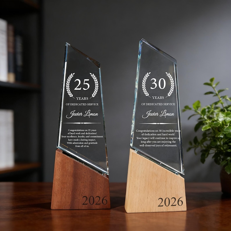 25 Years of Long Service Award, Customized Achievement Glass Trophy ...