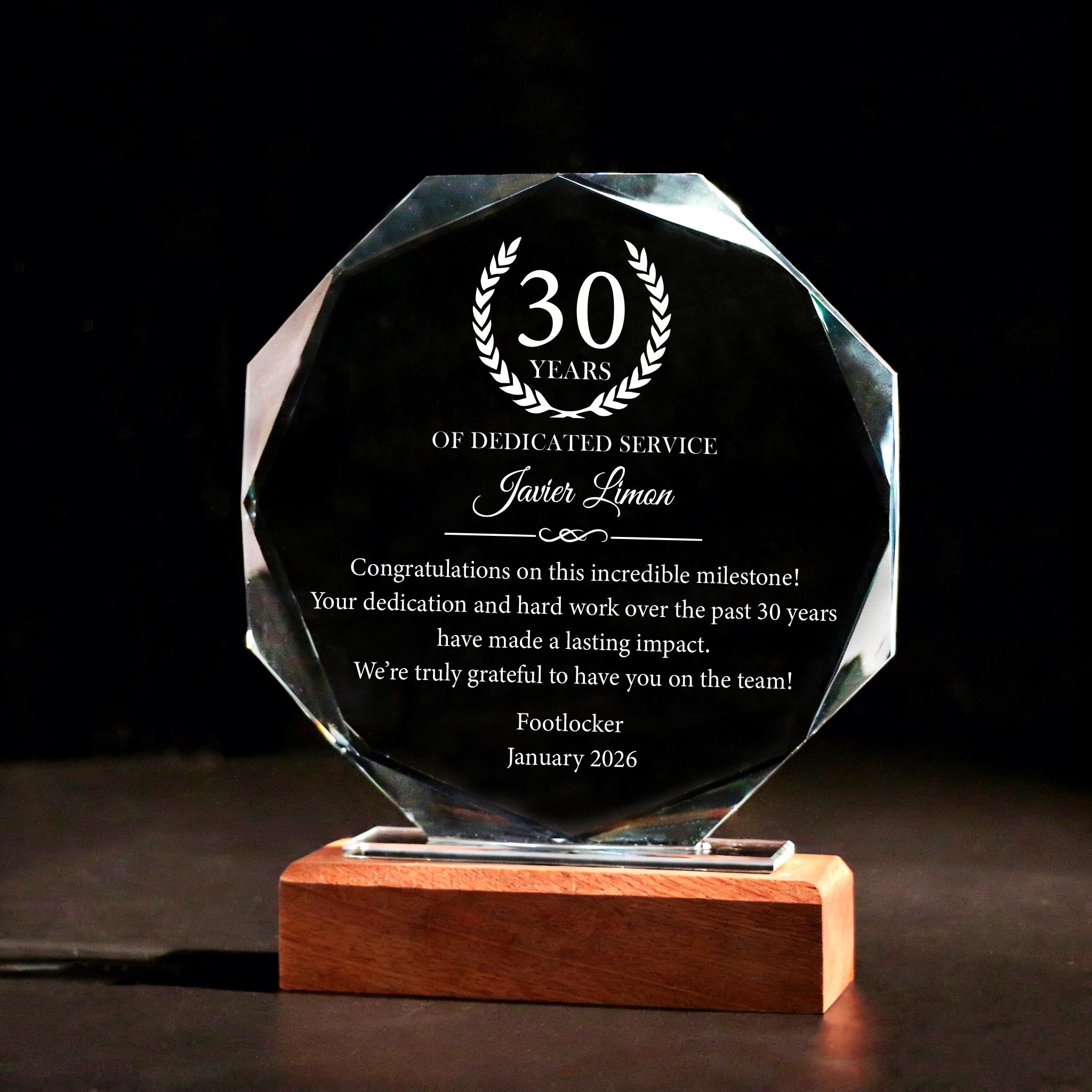 30 Years of Dedicated Service Award, Personalized Employee Crystal ...