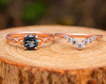 London Blue Topaz Engagement Ring Set: 14k Rose Gold Bridal Anniversary Ring