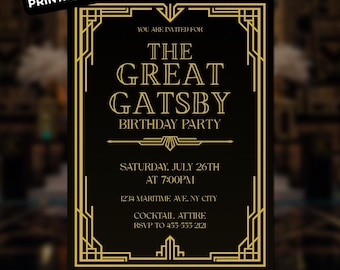 Invitación digital editable y elegante para la fiesta del Gran Gatsby, estilo art déco, años veinte, elegante, en negro y dorado.