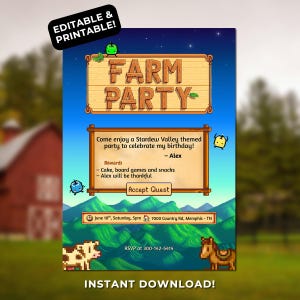 May include: A digital invitation with a "Farm Party" theme, featuring pixelated graphics of a cow and horse. The invitation includes the text "Come enjoy a Stardew Valley themed party to celebrate my birthday!" and "Accept Quest".