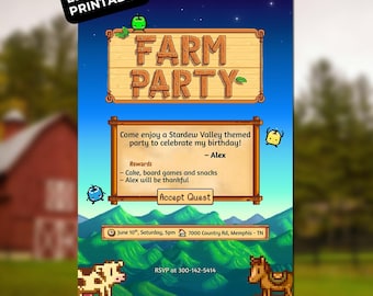 Farm Party Invite | Stardew Valley Inspired Birthday Invitation | Editable Template | Pixel Style | Instant Download | Video Game Party