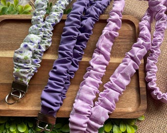 Purple Scrunchie Lanyard, Comfortable Teacher Badge Lanyard, Teacher Appreciation Gift, Breakaway Clasp Option, Polka dots, Flowers