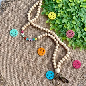 Personalized Wood Bead Teacher Lanyard: Rainbow Smiley Face, Breakaway Clasp