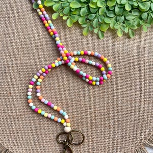 Rainbow Beaded Teacher Lanyard: Breakaway Clasp, ID Badge Holder