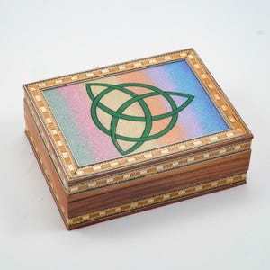 5.5&quot; Wooden Keepsake Box with Colorful Celtic Triquetra Symbol and Velvet Interior