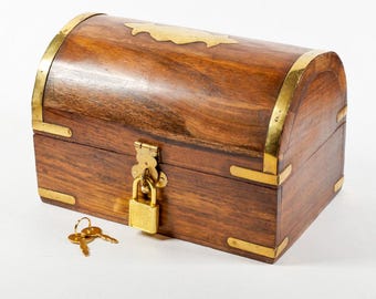 6" Pirate Style Treasure Chest Keepsake Box | brass accents, solid wood | personalize your padlock color!
