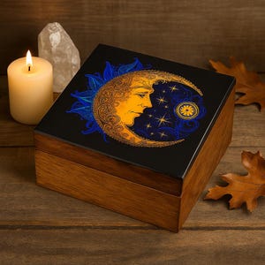 Wood Keepsake Box – 6&quot; with Mystical Moon and Stars Celestial Design
