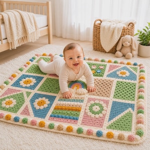 Rainbow Crochet Baby Blanket Pattern PDF | Sensory Play Mat | Tummy Time Playmat | Modern Granny Square | Beginner Crochet Pattern