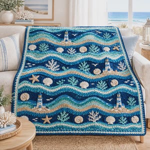 Ocean Wave Mosaic Crochet Blanket Pattern, Coastal Lighthouse Seashell Throw, Beach Ripple Afghan PDF, Beginner Instant Download