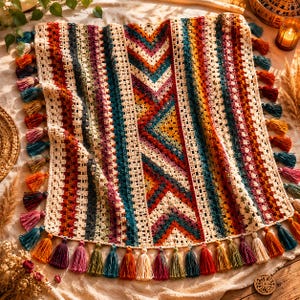 May include: A colorful, handmade crochet blanket with a geometric design. The blanket features a variety of colors, including red, orange, yellow, green, and blue. It is trimmed with tassels in coordinating colors. The blanket is approximately 50 inches square.