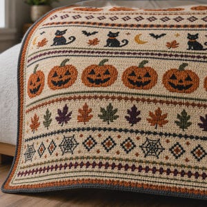 Pode incluir: Uma manta de malha na cor creme com faixas horizontais de padrões temáticos de Halloween, incluindo gatos pretos, abóboras laranja, folhas de outono multicoloridas, teias de aranha e formas geométricas, com uma borda cinza-escura.