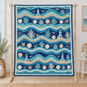 Peut inclure: Une couverture en crochet rectangulaire au motif nautique, composée de bandes horizontales ondulées dans des tons bleu marine, sarcelle et bleu clair. Le design présente des phares, des coquillages, des étoiles de mer et du corail.