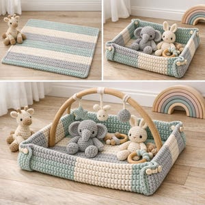 Könnte beinhalten: Eine Sammlung handgefertigter Babyartikel aus Häkelarbeit in Pastellfarben. Enthält einen gestreiften Teppich, ein Babybett mit Holzbogen und Stofftiere. Das Bett hat ein Farbschema aus Grau, Weiß und Mintgrün.