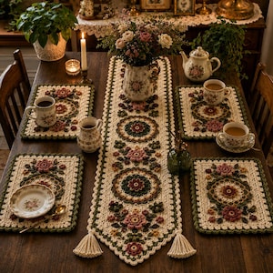 Peut inclure: Une table à manger joliment dressée avec un chemin de table en crochet floral, des sets de table assortis et des tasses et une théière à fleurs. La table est en bois foncé et décorée d'un vase de fleurs et d'une bougie allumée.