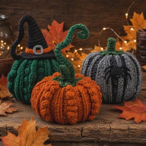 Peut inclure: Trois citrouilles crochetées avec des motifs en laine texturée. Une citrouille vert foncé porte un chapeau de sorcière noir avec une bande orange et une boucle grise. Une citrouille orange a une tige verte haute et bouclée. Une araignée noire.