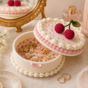 Può includere: Un portagioie rotondo all'uncinetto color crema con un coperchio a forma di torta. Il coperchio presenta due ciliegie rosse all'uncinetto, perline rosa e un bordo smerlato. La scatola ha una fodera in tessuto floreale e un piccolo fiocco rosa.