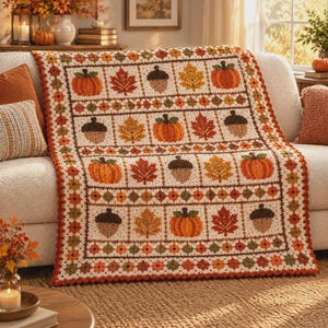 Pumpkin & Acorn Mosaic Crochet Blanket Pattern | Autumn Graphghan PDF, Beginner-Friendly Fall Throw, Instant Download Crochet Pattern