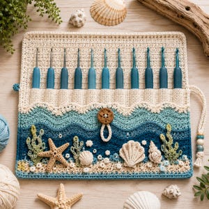 Peut inclure: Un ensemble de crochets dans un étui crème et bleu sur le thème de la plage. L'étui présente un motif de vagues, des coquillages et une étoile de mer. Les crochets ont des manches bleues. L'étui se ferme avec un bouton en bois et un cordon crème.