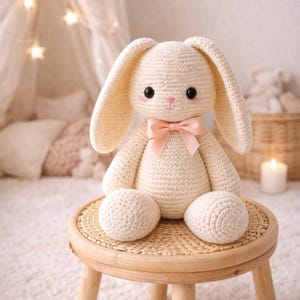 Peut inclure: Une peluche lapin en crochet de couleur crème, avec de longues oreilles et un nœud papillon rose. Le lapin est assis sur un petit tabouret rond en bois. L'arrière-plan comprend une pièce aux tons neutres avec une guirlande lumineuse en forme d'étoiles.