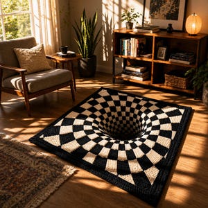 Peut inclure: Un tapis rectangulaire présentant un motif à damier noir et blanc qui crée une illusion d'optique tridimensionnelle d'un trou circulaire profond au centre. Le tapis est fabriqué avec une surface tissée texturée et une bordure noire unie.