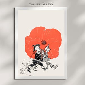 Vintage Wizard of Oz Illustration – Dorothy, Scarecrow & Tin Woodman with Poppy – Classic Storybook Art Print, Literature Artwork Series