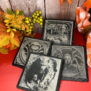 Halloween Slate Coaster Set of 4 – 4x4 Laser Engraved Square Coasters with Creepy Designs – Spooky Horror Decor for Haunted Home Vibes