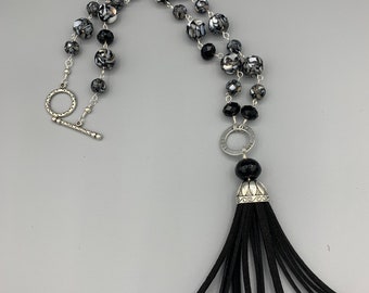 Tasseled Necklace Black Beads with Love Hope Faith charm.