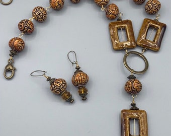 Ceramic Beaded Necklace Brass Wire Wrapped  Ethnic and Earrings