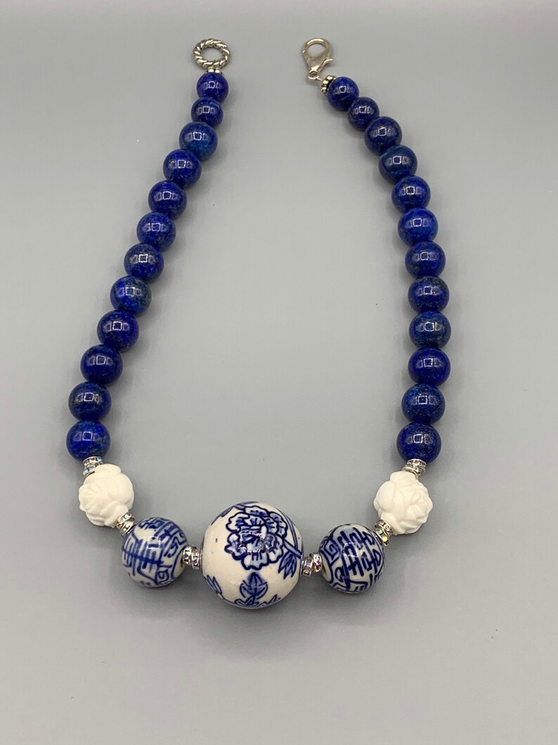 Blue Sodalite Beaded Necklace Blue and White Asian Inspired Pendant /& earrings