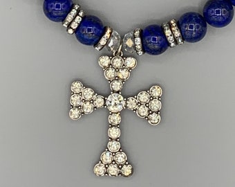 Blue Sodalite Necklace with Crystal Cross and earrings