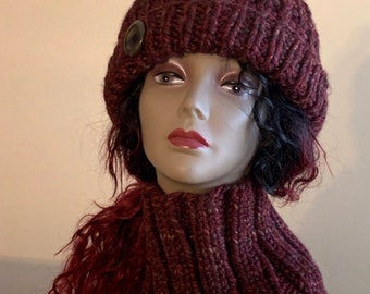 Luxury Hand knitted hat and cowl, neck warmer, chunky beanie, slouchy, pom pom hat, ribbed