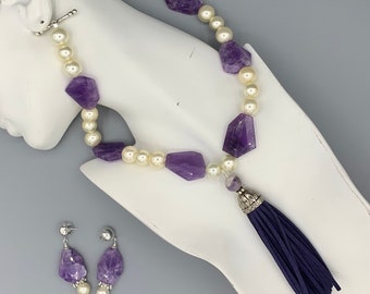 Pearls * Purple Stones * Tassel Necklace and earrings