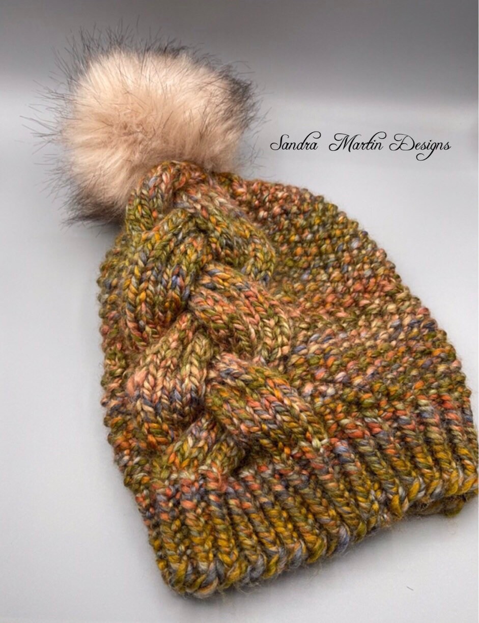 Knit Hat Slouchy Cable Beanie Faux Fur 