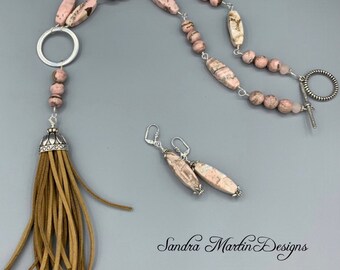 Pink Beaded Tassel Jewelry*Gray and Pink stones with earrings,