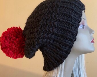 Knit Beanie Slouchy Hat Black Bulky Soft Red Pom